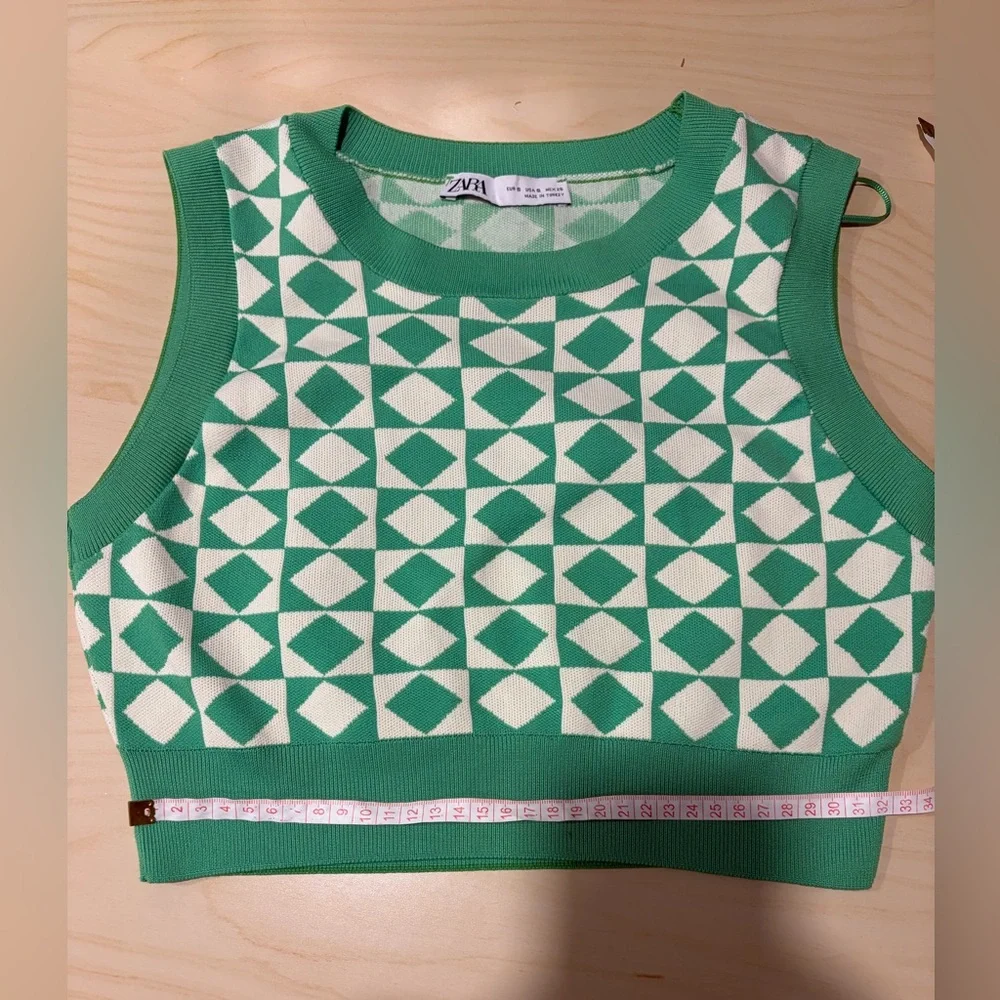 Zara Green Geometric Knit Crop Top Sleeveless Sweater Vest Retro Y2K Size S - Picture 9 of 9